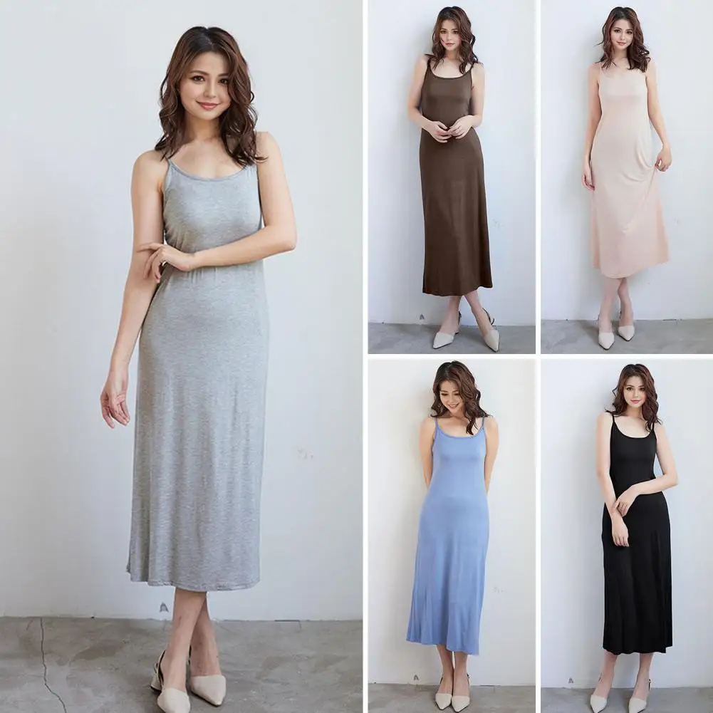 Material Dress Solid Color Suspender Dress for Women Round Neck Loose Fit Midi Dress for Wear Bedroom Stretchy Backless Long