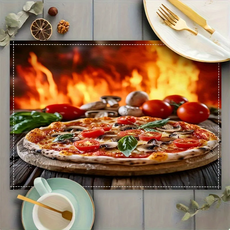 Baking Pizza Linen Placemat Fire Flame Tomato Cheese Food Table Mat Heat Resistant Coaster Dining Bowl Plate Placement Pad