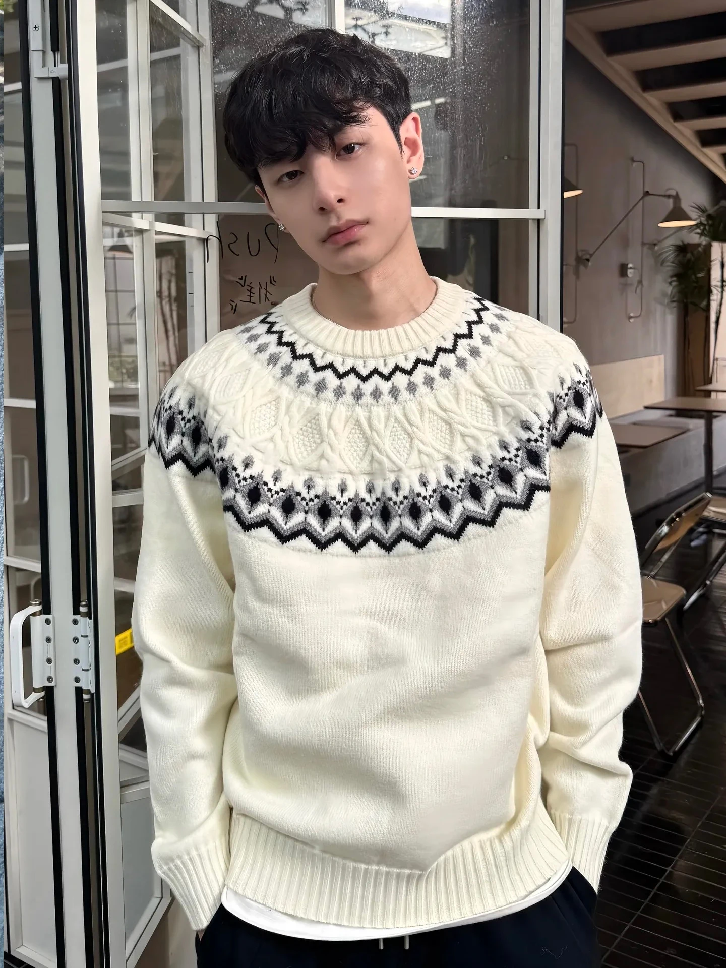 

Мужской вязаный свитер с длинным рукавом для осеннего сезона: элегантный, комфортный, премиальный, с узором косы, базовый слой, нижняя рубашка