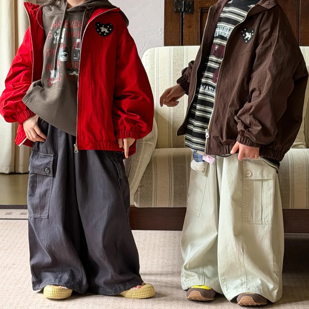 Children's Pants 2026 Autumn Boys and Girls Korean Solid Large Pocket Casual Pants Children's Versatile Loose Work Pants