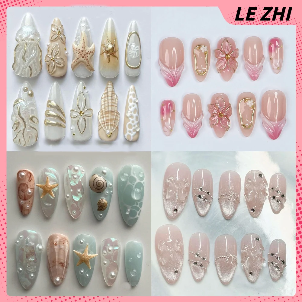 

10Pcs Short Almonds Handmade Press On Nails Bowknot Marine Elements 3D Flowers Gel Textured False Nails Suitable Summer