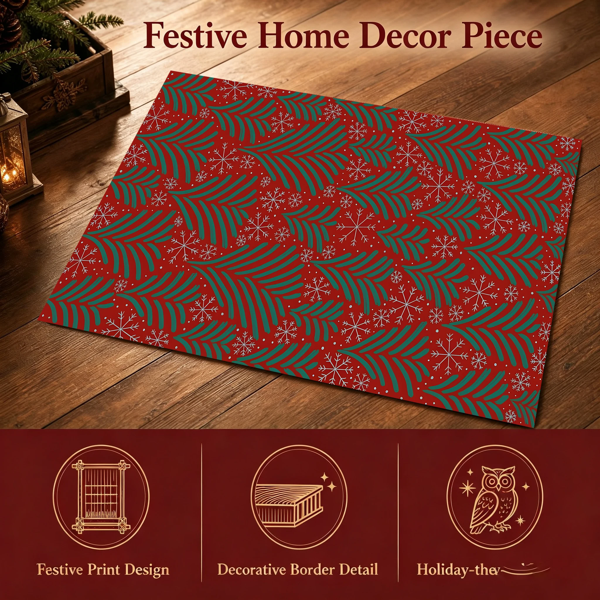Vintage Red Berry Velvet Area Rug, Christmas Style, for Living Room Bedroom, Autumn Winter Warm Decor
