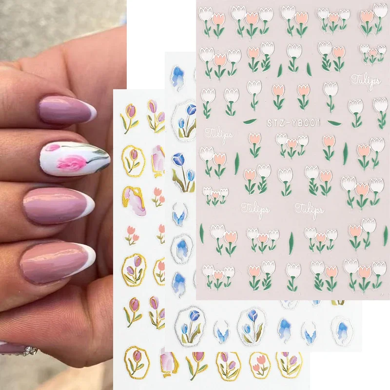 

Elegant Tulip Flower Nail Art Stickers 3D Charm Pink Blue Floral Gold Silver Line Summer Adhesive Decals for Manicure