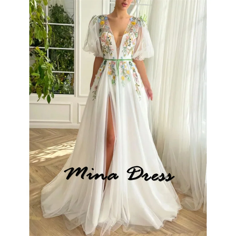 

Mina Customized Flowers Wedding Party Dress Dresses for Formal Occasions Slit V-neck Luxury Evening Dresses 2024 Ball Gowns Prom