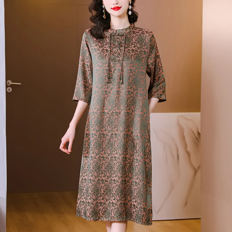 

20223 Yellow Floral Mulberry Silk Beach Midi Dress Spring Summer Loose 4XL Plus Size Dress Women Elegant Skinny Party Vestidos