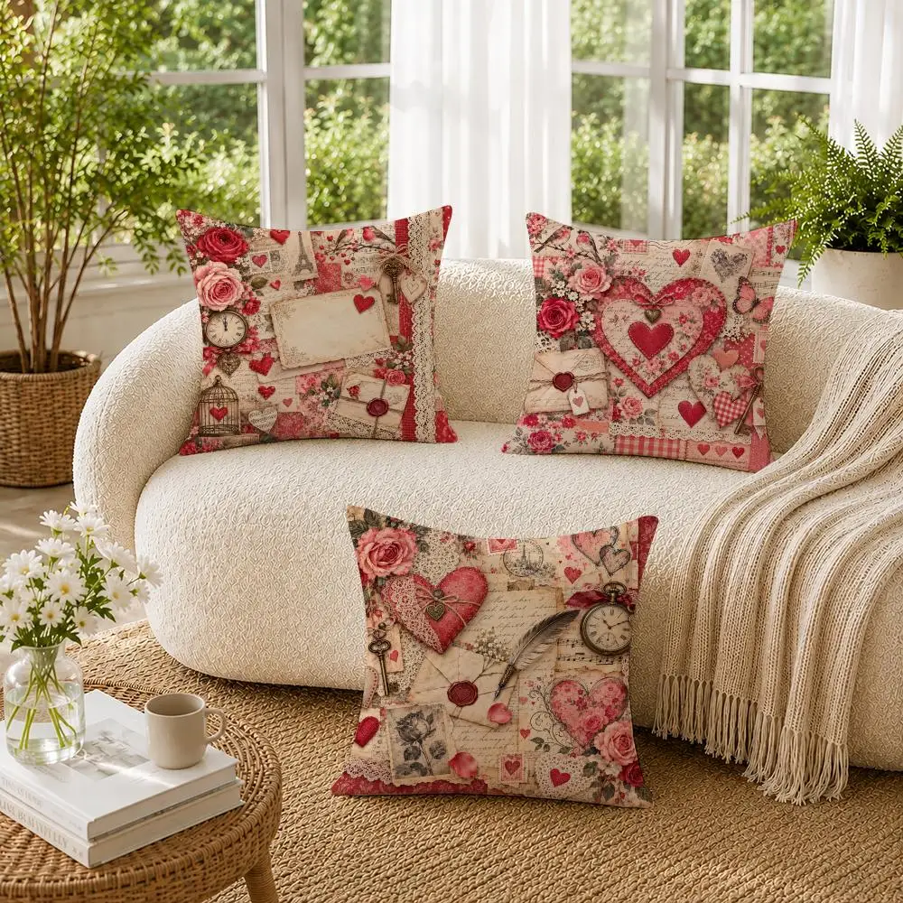 Vintage Heart Romantic Cushion Cover Double-Sided Plush Sofa Pillow Cases Organic Breathable Invisible Zipper