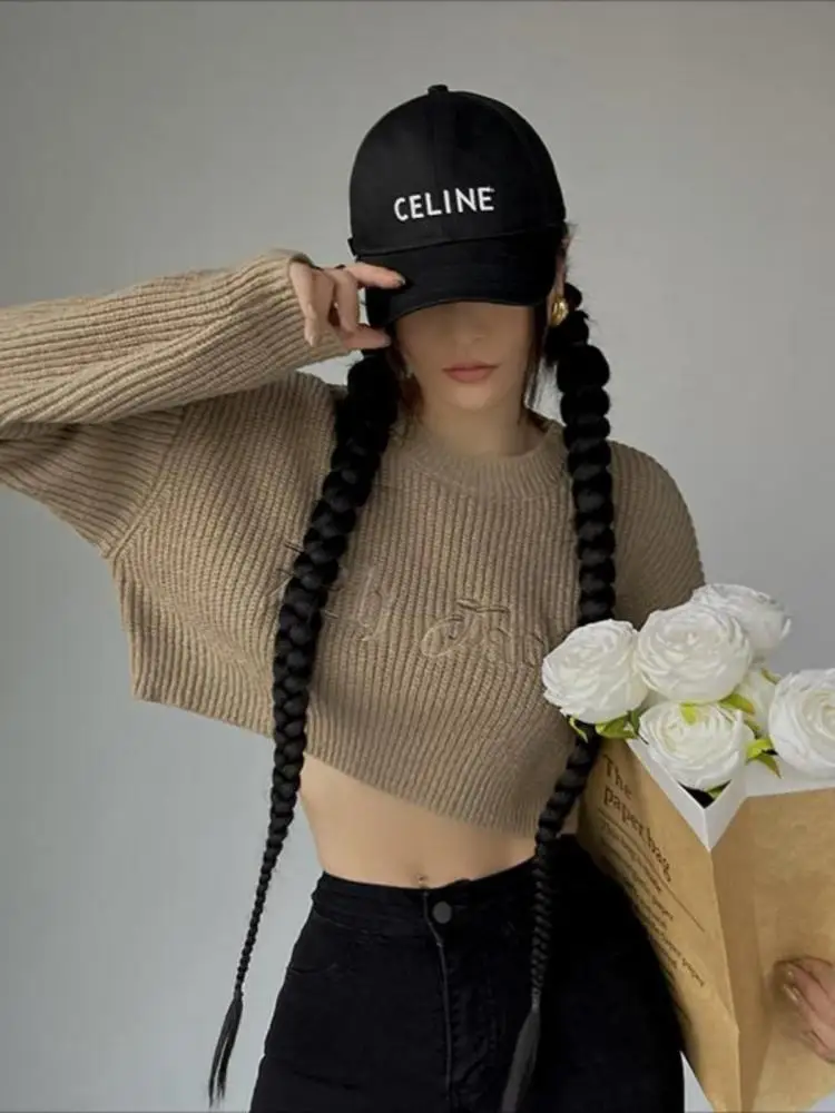 Yedinas Streetwear Print Letter Crop Top Sweater Women Knitted Tops Cropped Pullovers Autumn 2023 Vintage Korean Fashion Jumpers