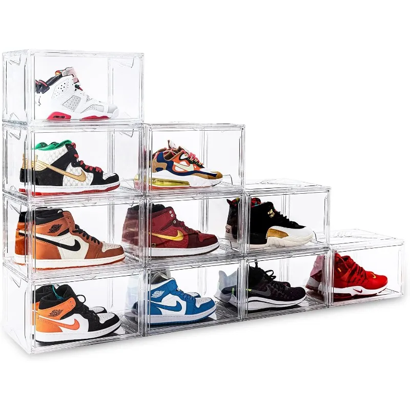 hoe Boxes Clear Plastic Stackable 10 Pack Sneaker Storage Boxes with Magnetic Door, Acrylic Boxes for Display