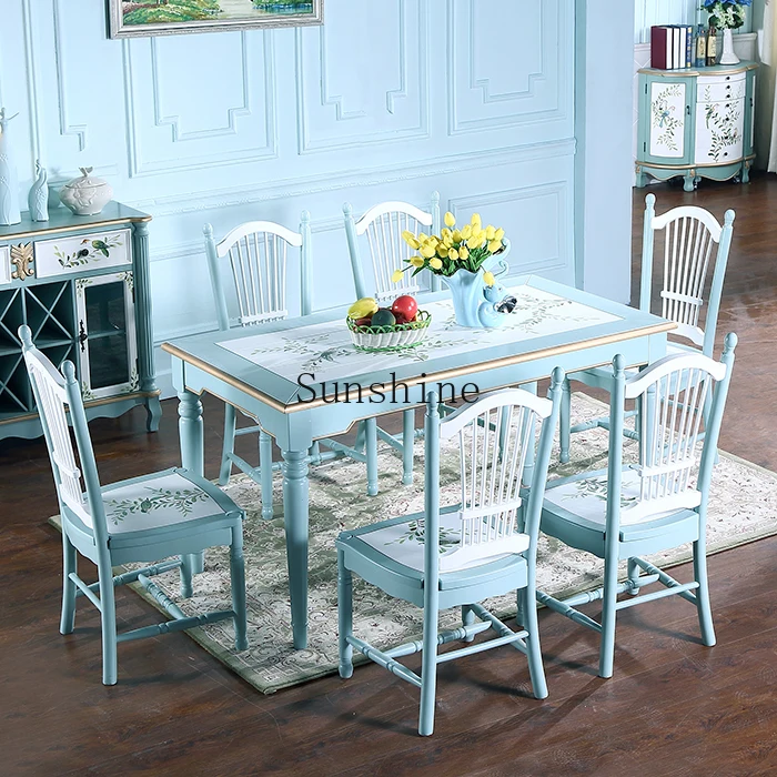 American all solid wood dining table blue flower and bird dining chair