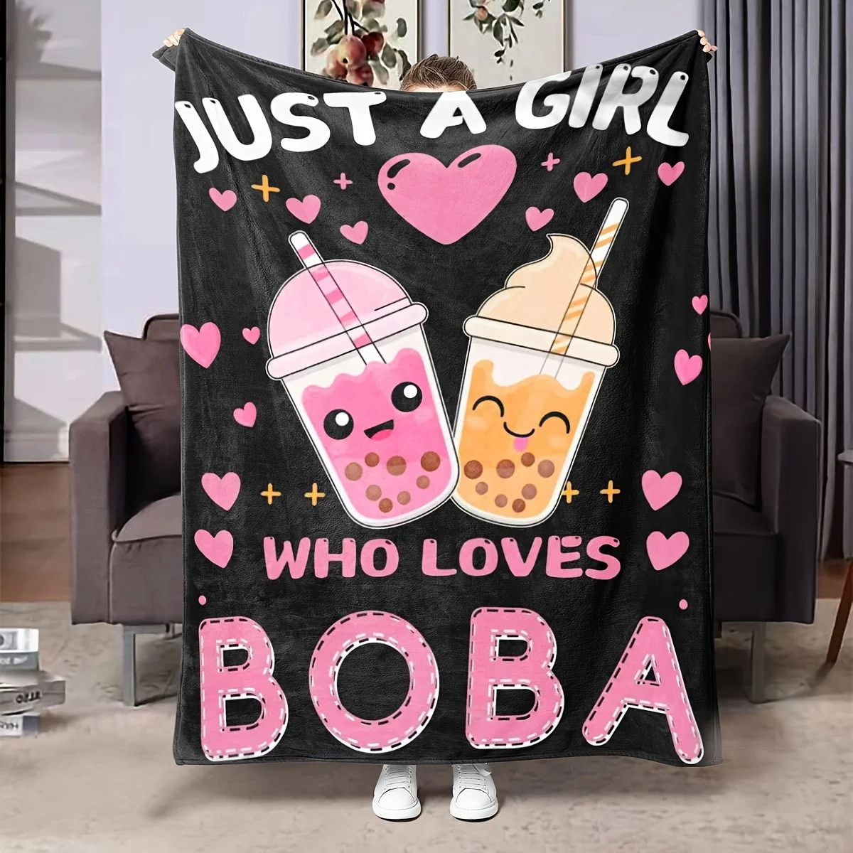 Kawaii Boba Tea Throw Blanket Cute Cartoon Bubble Milk Drink Heart Plushie Women Cozy Bedroom Sofa Couch Bedding Nap Decor