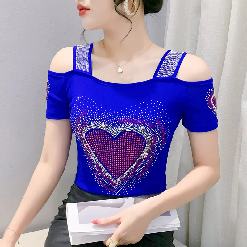 M-3XL High Quality Short Sleeve Clothes Summer New Sexy Off Shoulder Women Mesh Tees Tops Hot Diamonds T-shirt Bluses