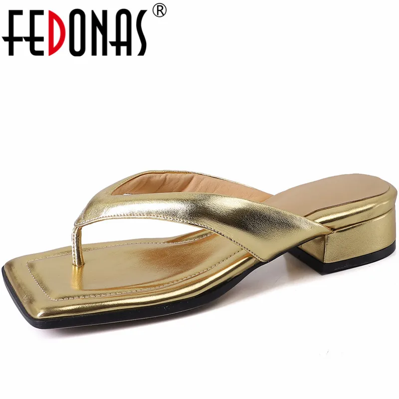 FEDONAS New Arrival Concise Women Slippers Leisure Sandals Thick Heels Soft Genuine Leather Comfortable Casual Party Shoes Woman