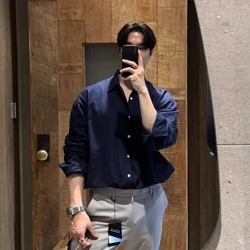 Cargo Style Shirts Men Navy-blue Simple Korean Fashion Loose Japanese Harajuku Long Sleeve Cotton Business Smart Casual Handsome