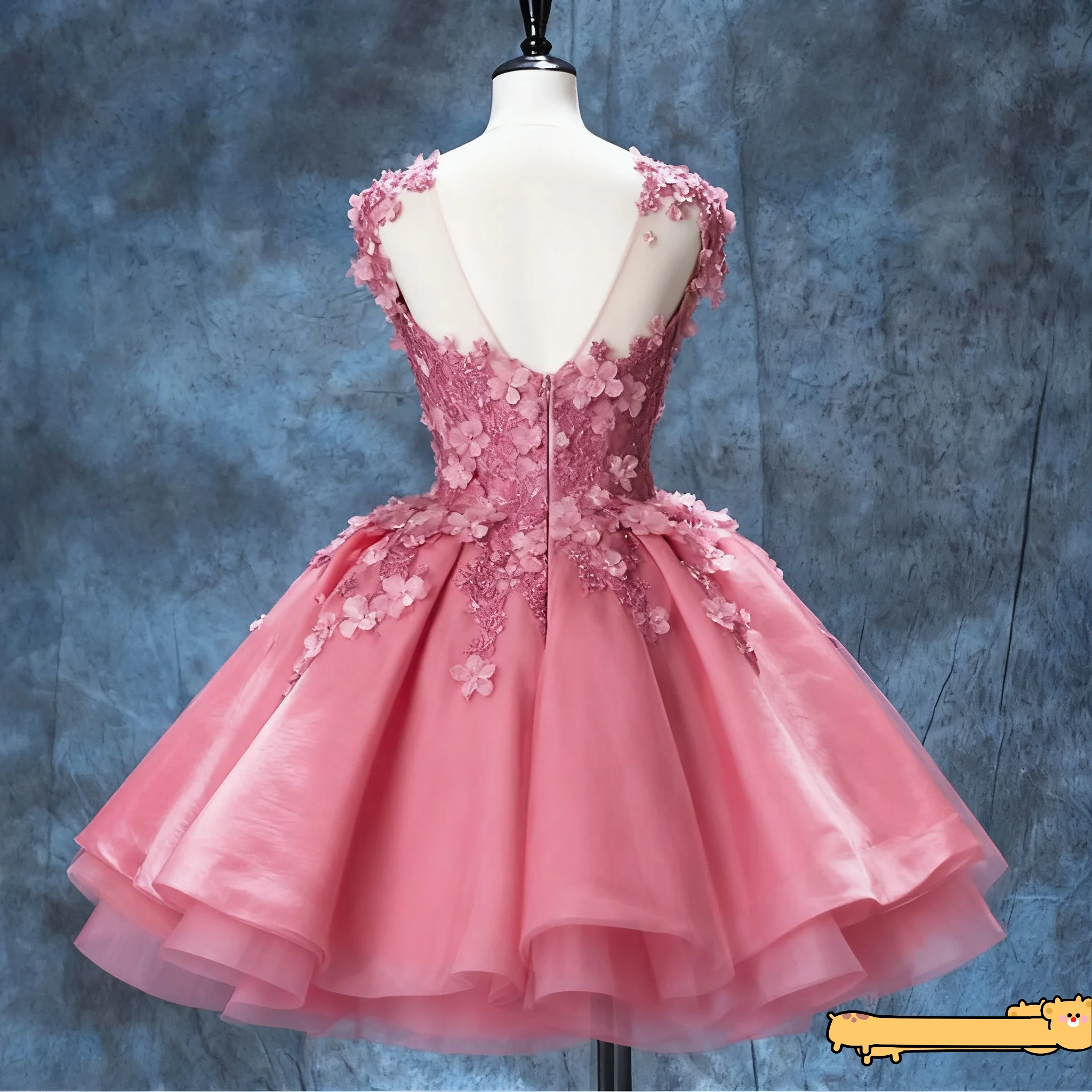 2026 Vestidos de fiesta de cuello transparente de color rosa con cuentas y flores en 3D Vestido corto de fiesta Mini cóctel Vestidos de noche formales Vestido de niña personalizado