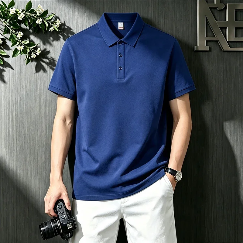 Men's Short‑Sleeve Polo Shirt Solid Color Collared 3‑Button Placket Regular‑Fit Business Casual Summer Tops