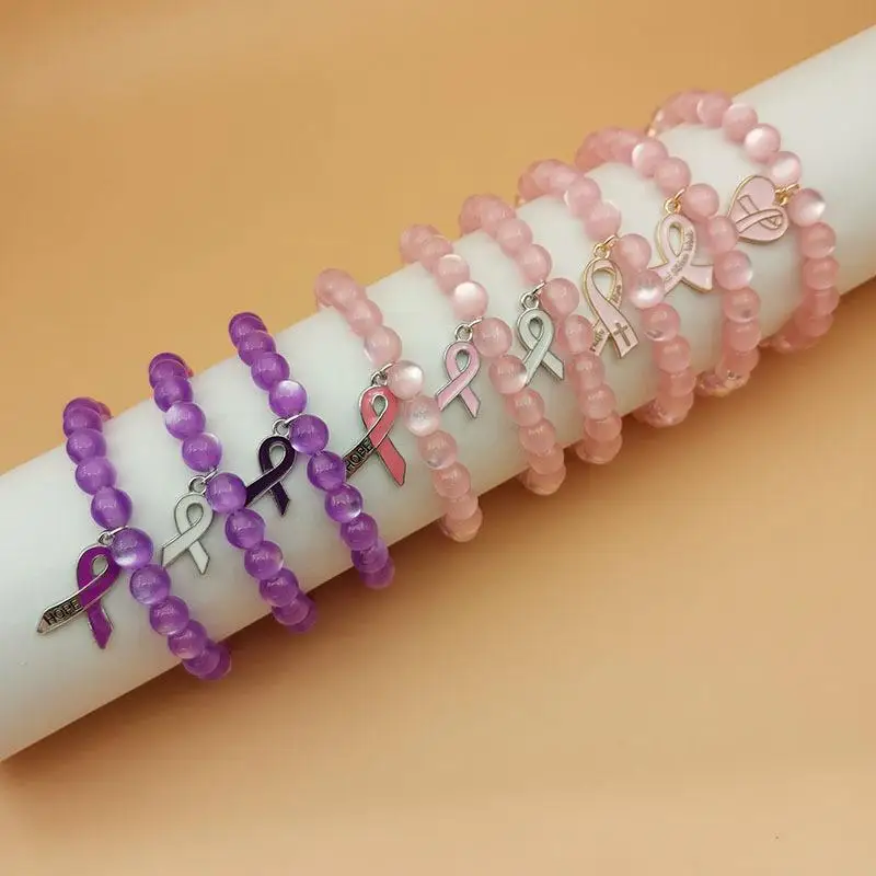 1Pcs Breast Cancer Awareness Stretch Beaded Bracelet Pink Ribbon Decor for Public Welfare Events Women Gift Daily Wear