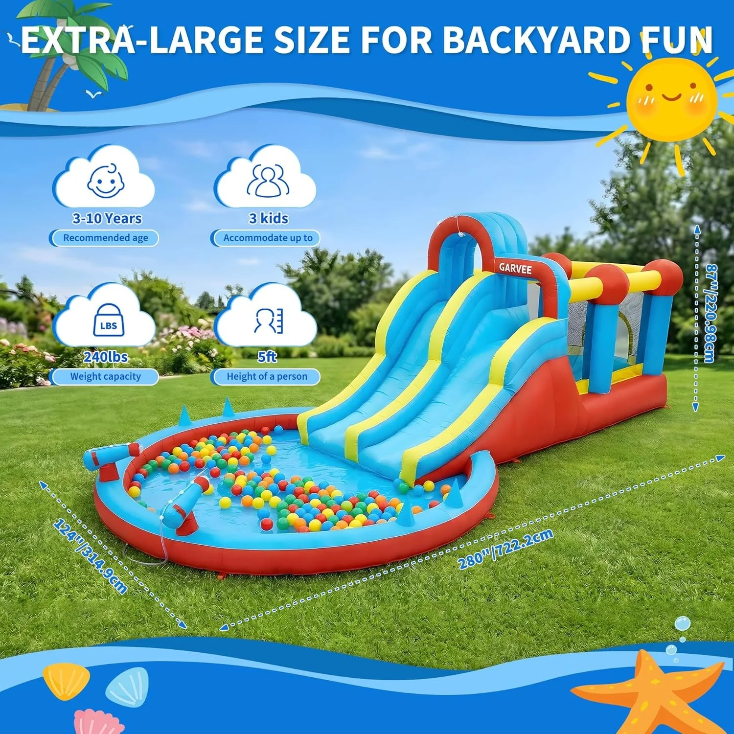 Castillo inflable gigante de 23 pies para parque acuático para niños (3-10 años) | Doble tobogán + piscina infantil incluida. Soplador potente: la diversión definitiva para el jardín y fiestas de cumpleaños