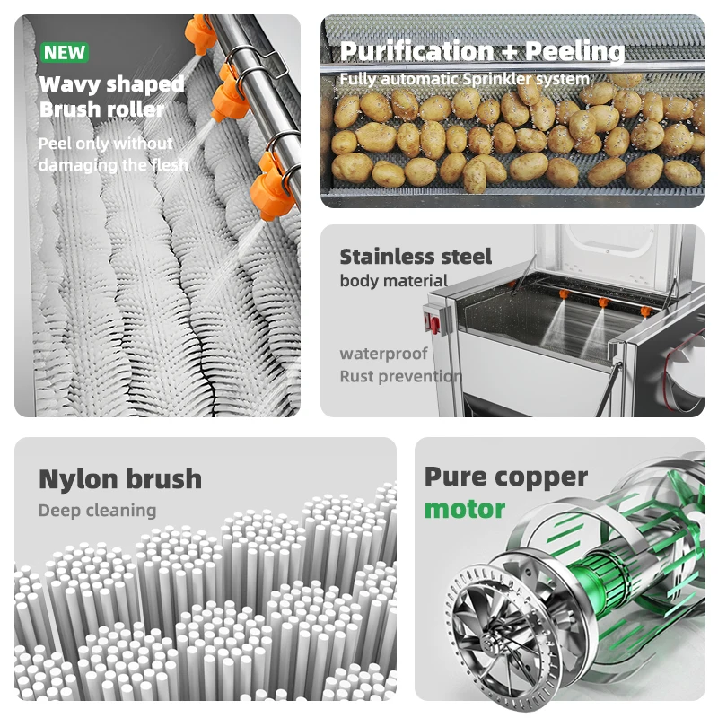 غسالة تنظيف فرشاة أسطوانة البطاطس الصناعية ماكينة تقشير كهربائية منخفضة الاستهلاك والبصل والجزر والخضروات