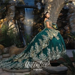 EVLAST Customized Green Quinceanera Dress Ball Gown Gold Lace Applique Beading Tiered Corset Sweet 16 Vestido De 15 Anos TQD912