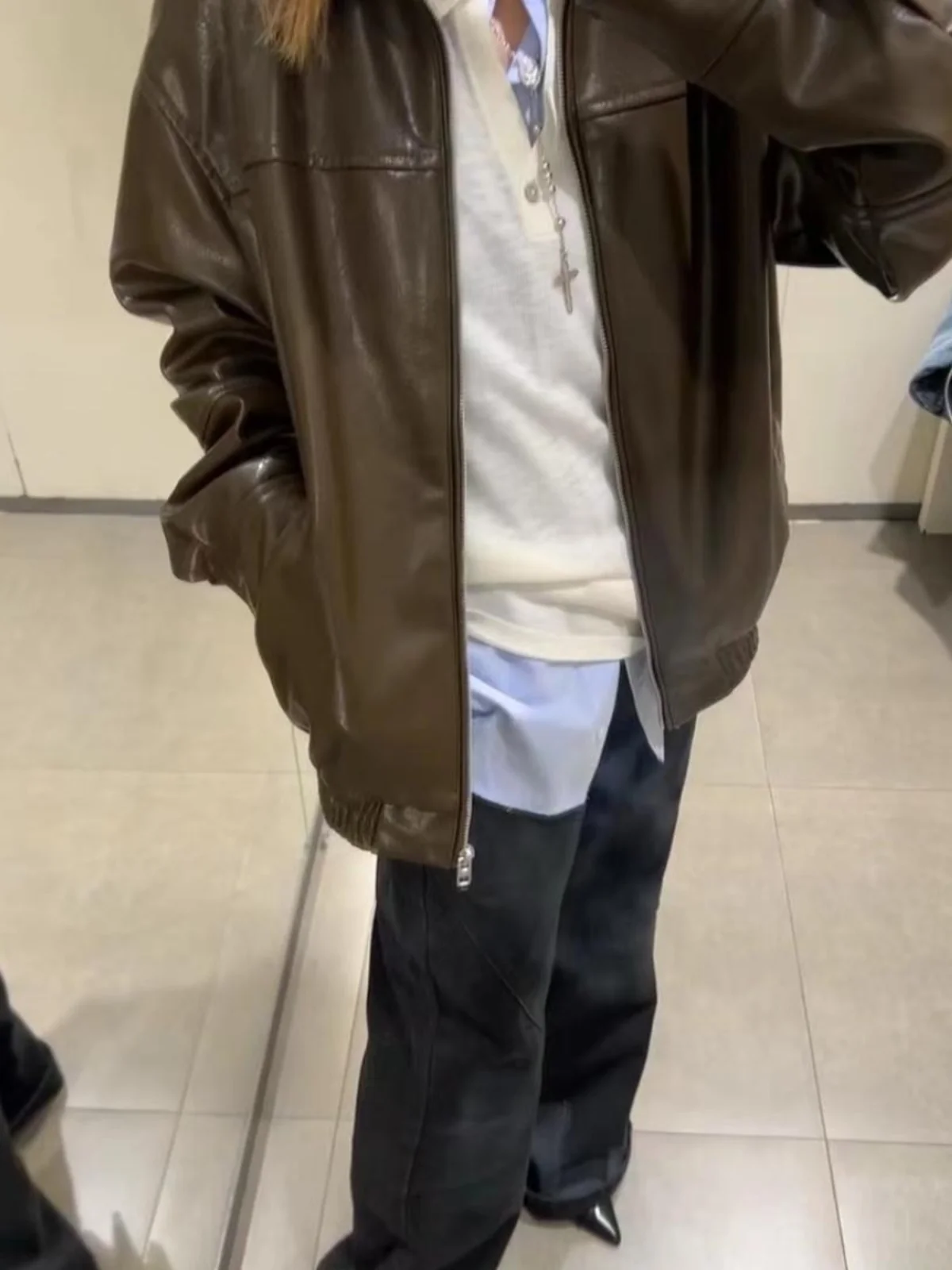 ربيع الخريف المرأة الجديدة فضفاضة الأمريكية Sle فو الجلود الطيار Jaet ملابس خارجية طويلة Sve سستة إغلاق الشارع Sle #3