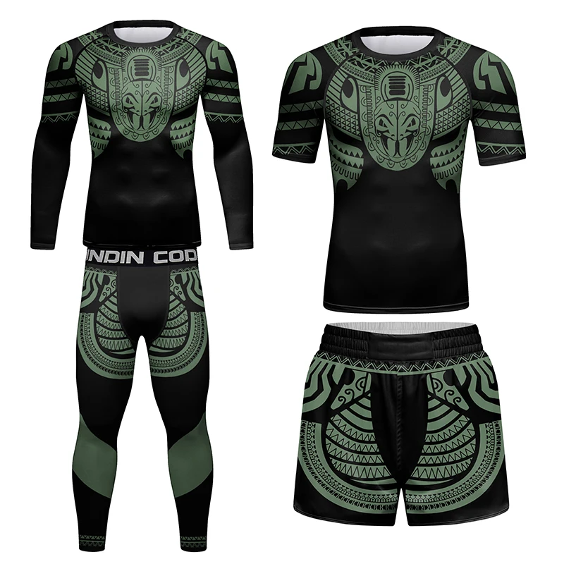 4 Pieces Rash Guard Sets FOR Men High Elasticity Compression Jiu Jitsu MMA Muscular Cool Tracksuit Male Fitness Gym Rashguard