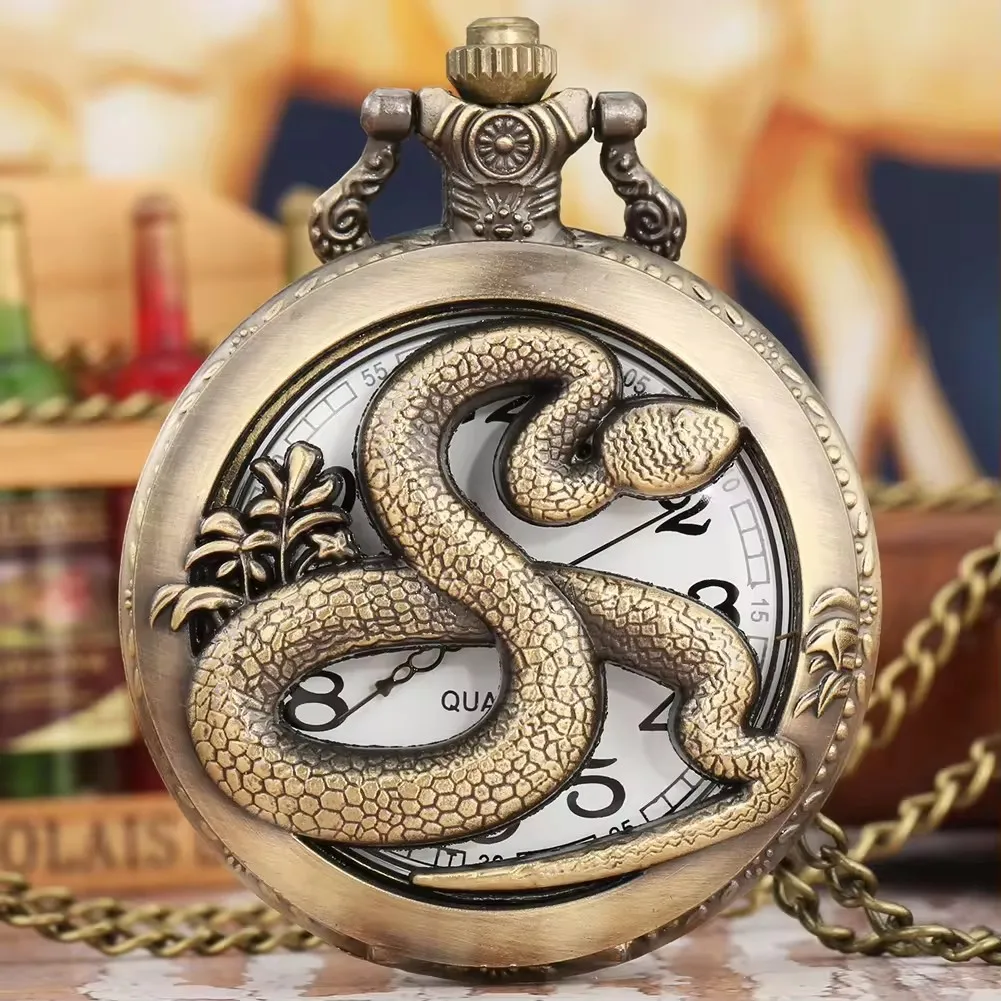 Vintage Animal Steampunk Gift Necklace Pendant Jewelry Accessories Zodiac Snake Quartz Pocket Watch With Chain