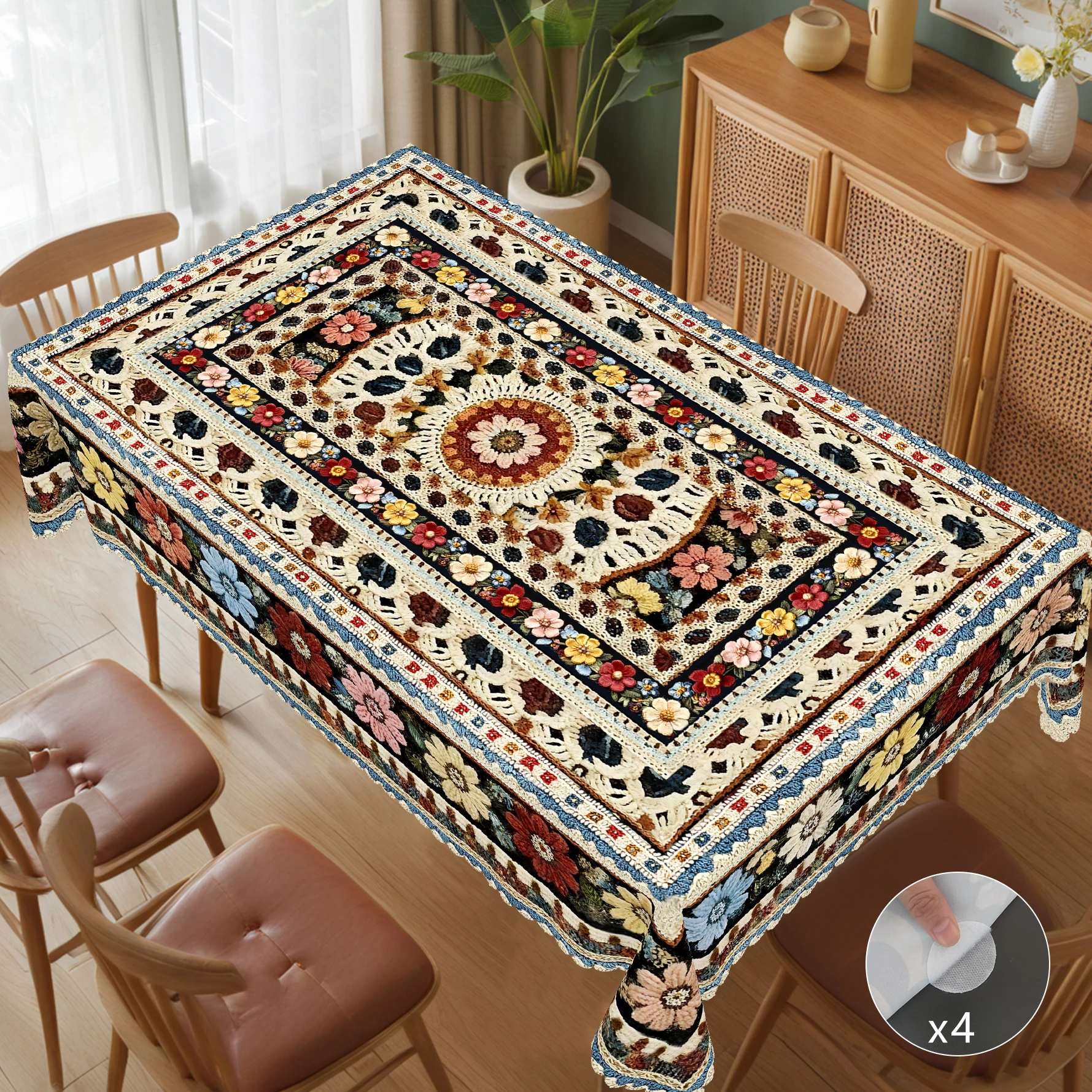 1 Piece of Bohemian Style Printed Round and Rectangular Tablecloth, Available in Various Sizes, with Intricate Geometric Patterns and Colorful Floral Designs Interwoven, a Warm Brown Background Color That Highlights Vibrant Flower Clusters, and a Printed Tablecloth with Contrasting Blue, Pink, and Yellow Petals Arranged in a Staggered Pattern, with Embossed Edges, Suitable for Home Dining Tables, Patio Gardens, and as a Vintage Atmosphere Decoration, Spring and Summer Home Decor