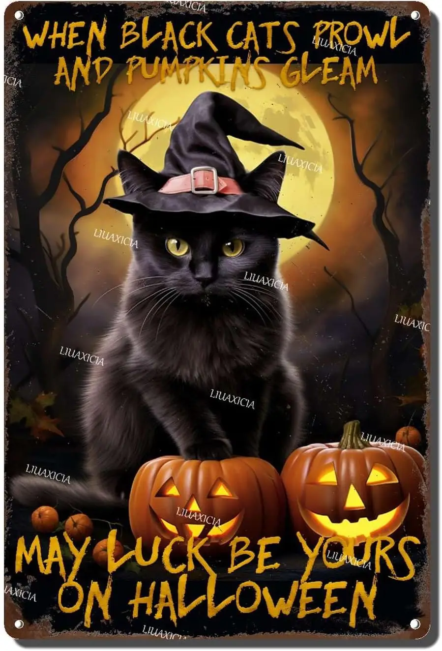 Art Decoration Be Yours On Halloween Cat Witch Pumpkin Tin Sign for Home Living Bedroom Room Kitchen 8.00
