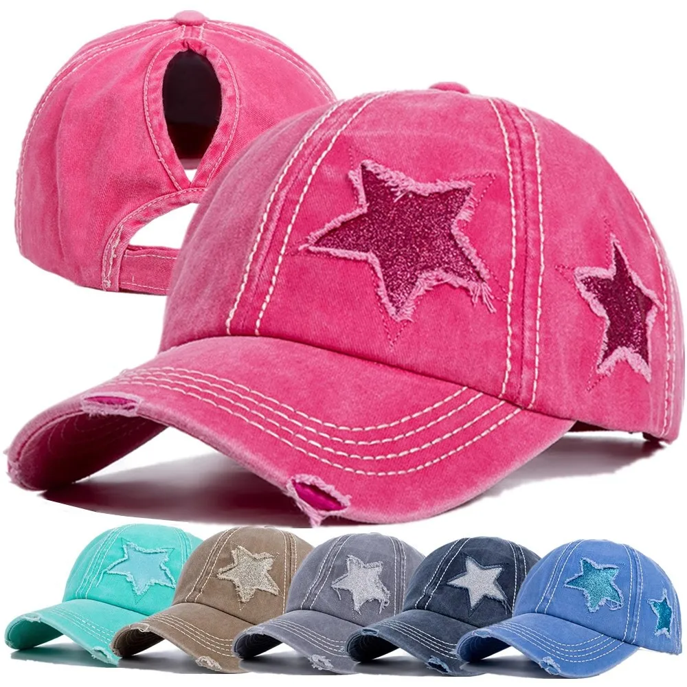 

New pure cotton washed ponytail perforated pentagram baseball cap with European and American trendy curved brim ponytail duck to