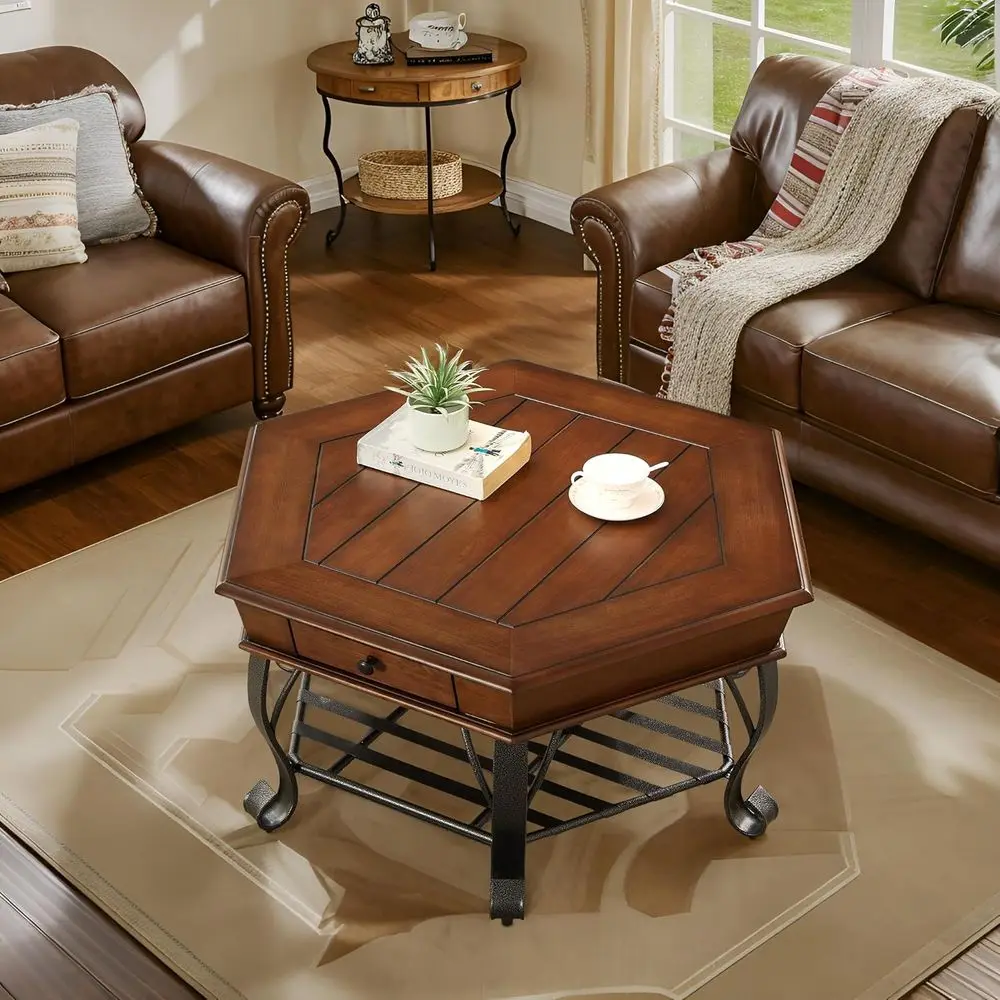 

Mid-Century Farmhouse Hexagon Coffee Table with Metal Legs, Storage Shelf & Drawer, 40x40x19