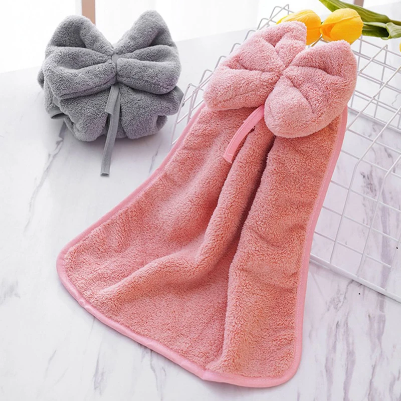 Coral Velvet Hand Towel Cute Hanging Bowknot Towel Thickened Soft Skin Kitchen Bathroom Absorbent Quick Dry Lazy Hand Towel