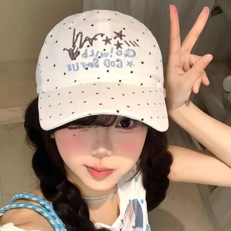 Baseball Cap Cute Cat Embroidered Polka Dot Adjustable Strap Face Slimming Sweat Absorbent Hat for Sports Use