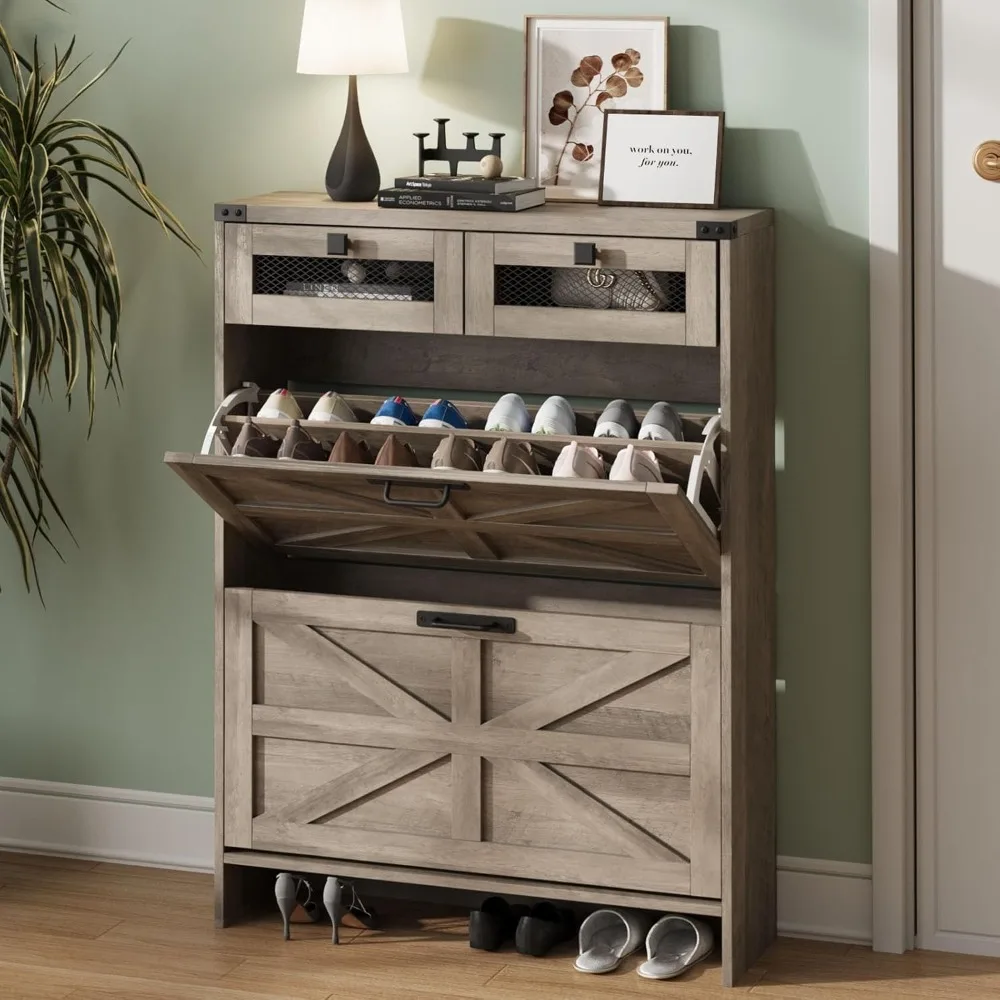 

Shoe cabinet with 2 flip drawers and 2 drawers, farmhouse shoe cabinet with entrance passage, narrow independent shoes