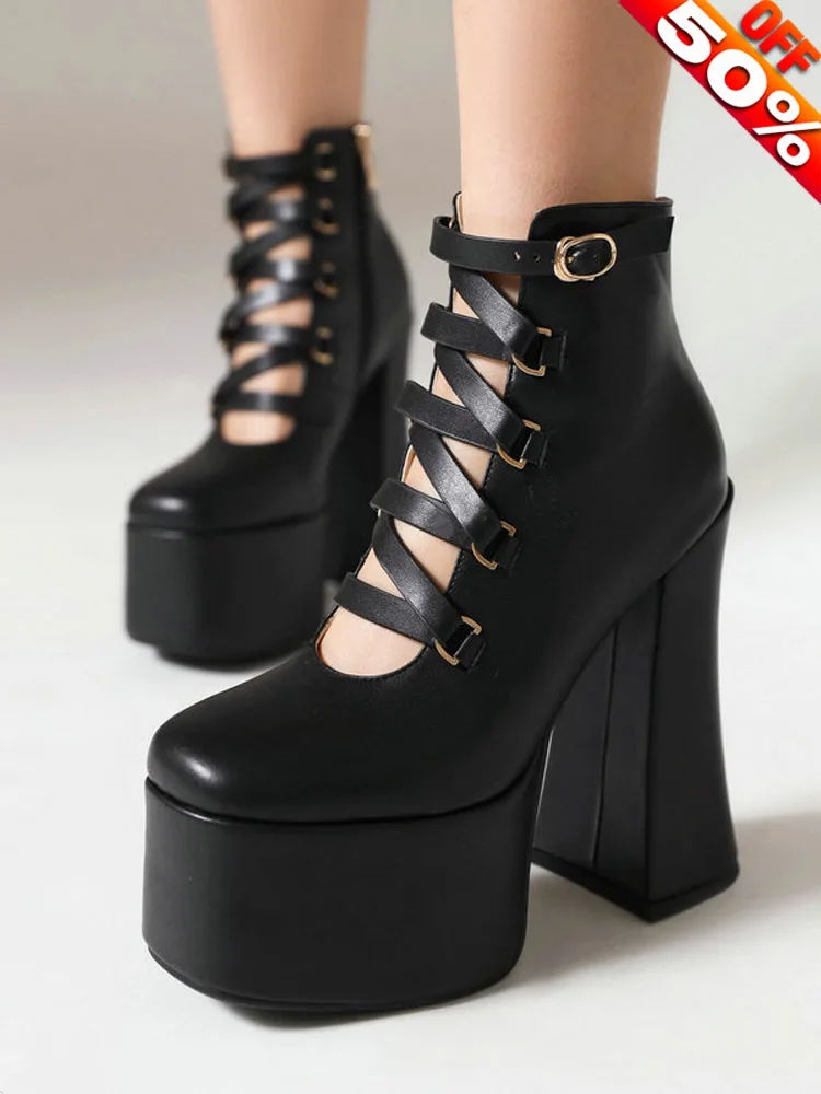 

6Inches Cross strapping Platform Ankle Boots Fashion 15cm Retro Sexy Fetish Shoes Coarse Heel Party Models Show Mature Nightclub