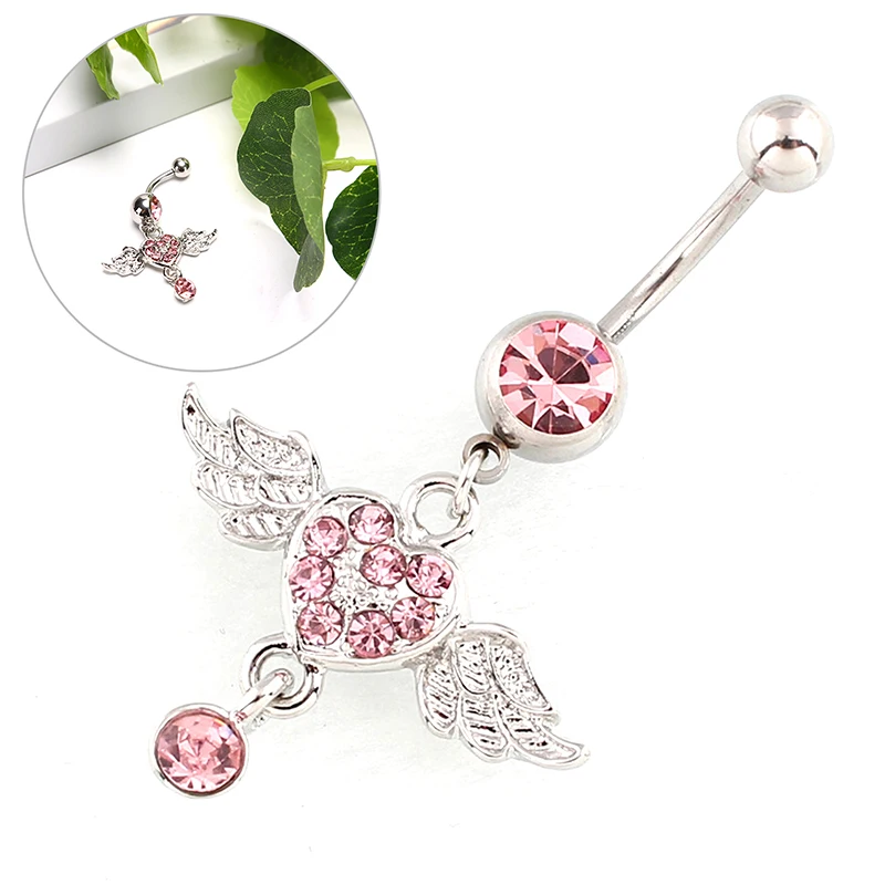 Women Fashion Piercing Crystal Heart Wing Belly Navel Ring Dangle Body Jewelry