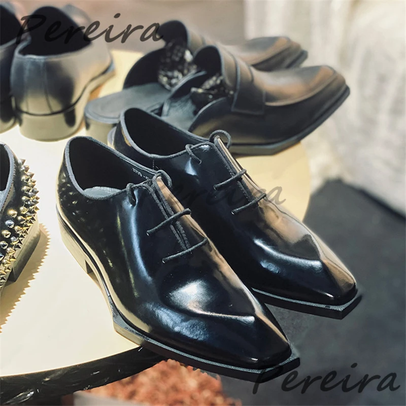 

Мужские туфли-оксфорды из черной глянцевой кожи с квадратным носком, нишевый дизайн, ручная работа, из натуральной кожи, для вечеринок и деловых встреч
