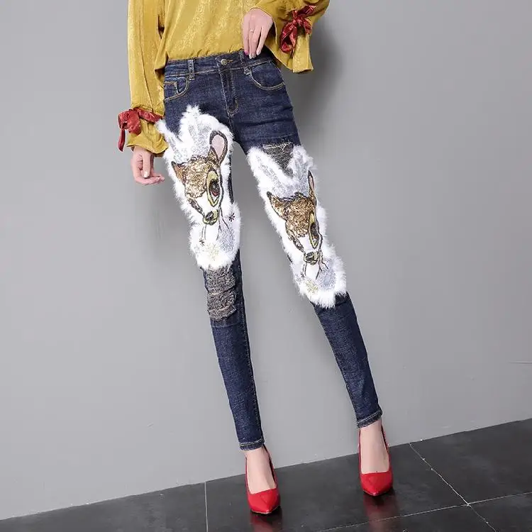 

Autumn Winter Women Denim Pants 2022 New All-match High Waist Strech Tight Pencil Pants Patch Sequin Deers Skinny Jeans for Lady