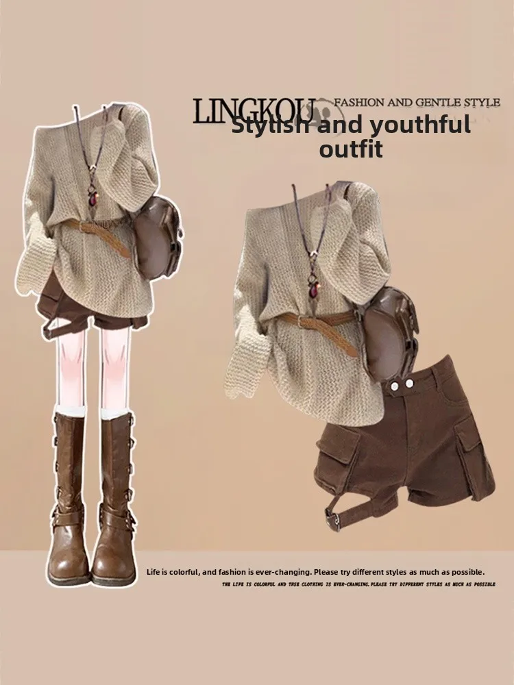 

Large Size Spring Summer Knitted Sweater And Shorts Set Women's Retro Western Style Two Piece Suit High Waist Leather Shorts