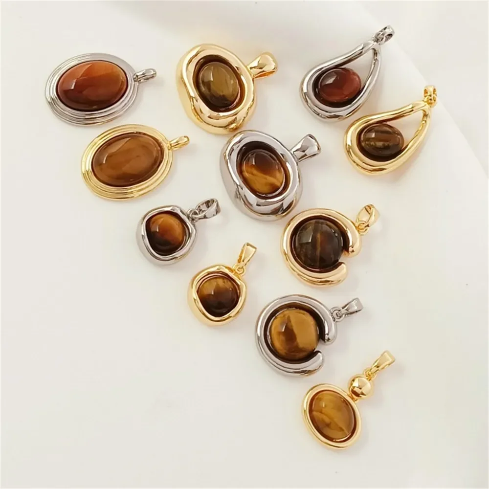 

14K Gold-plated Tiger's Eye Stone Round Ring Face Irregular Pendant Handmade DIY Jewelry Pendant Accessory Material