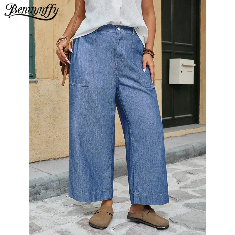 

Benuynffy Plus Size High Waisted Loose Wide Leg Jeans For Women 2026 Summer Vintage All-Match Casual Female Straight Denim Pants