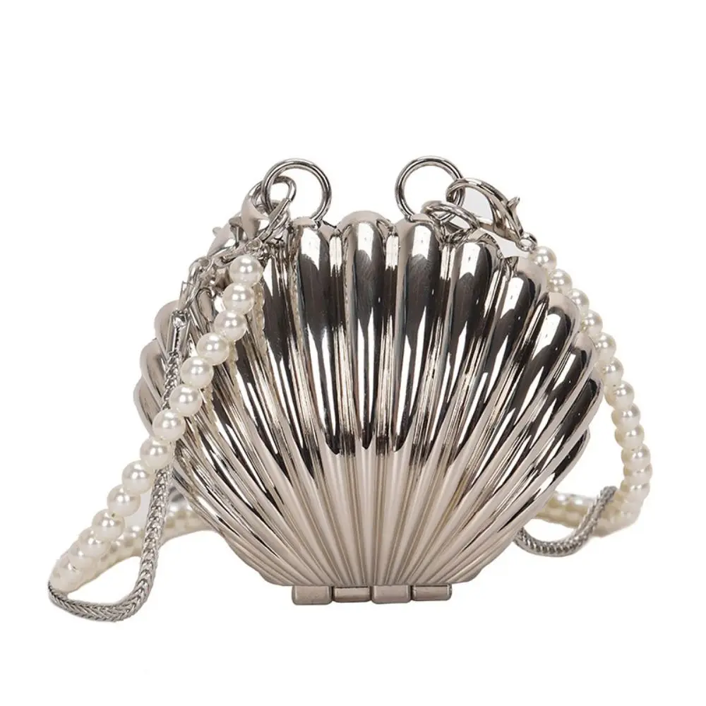 

Portable Luxury Women Dinner Bag Shell Shape Pearl Chain Mini Shoulder Bag Fashion Metal Lipstick Bag Summer
