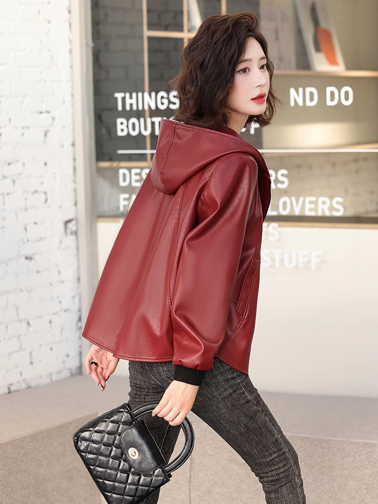 Nouvelles femmes veste en cuir décontractée printemps automne mode à capuche fermeture éclair fendu en cuir vêtements d'extérieur amples court en peau de mouton hauts manteau