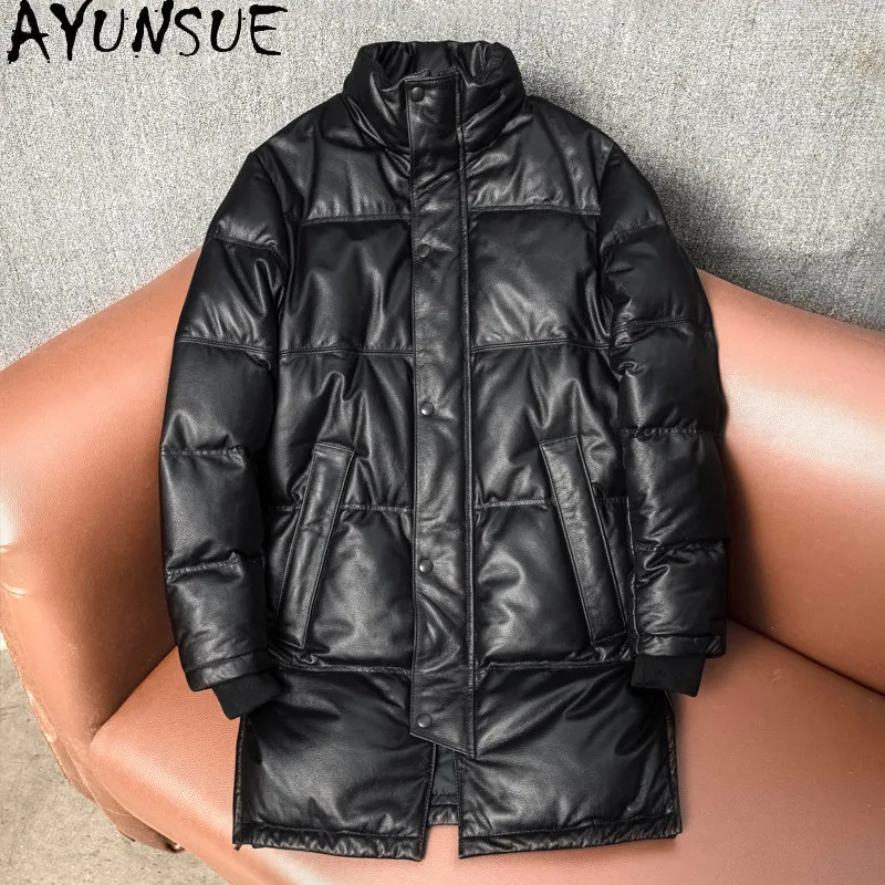 AYUNSUE New Thickened Long Down Coat Men Genuine Cowhide Leather Jacket Stand Collar Windproof Warm 6XL Size Real Leather Puffer