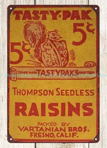 Thompson RAISIN Vartanian Bros Fresno CA metal tin sign Tasty Pak Nuts Squirrel