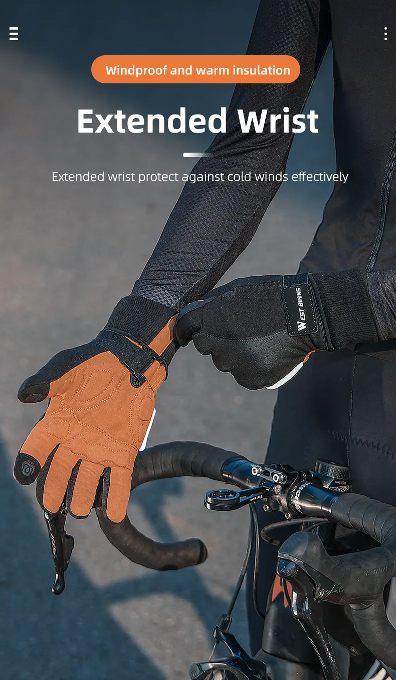 WEST BIKING Winter-Thermo-Fahrradhandschuhe für Herren, winddicht, mit Fleece, Touchscreen-fähig, aus PU-Leder, stoßdämpfend, mit SBR-Anti-Rutsch-Beschichtung, lange Manschetten. – Detail 7