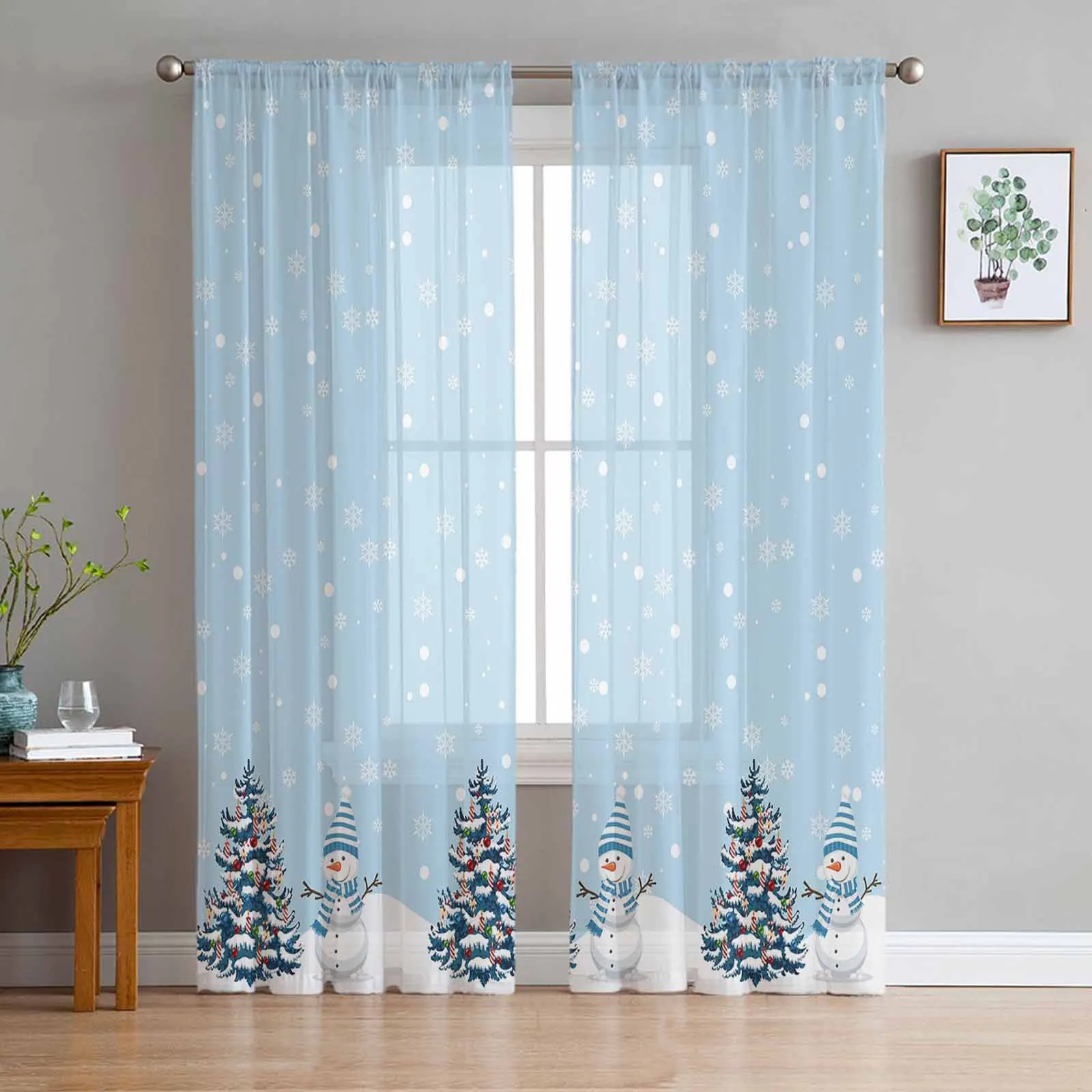 Christmas Christmas Tree Snowman Snowflakes Tulle Curtains for Living Room Sheer Curtain for Bedroom Blinds Voile Curtains