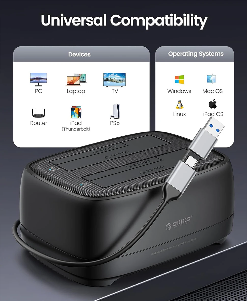 علبة ORICO 2.5 بوصة/3.5 بوصة SATA HDD SSD محطة إرساء محرك الأقراص الصلبة مع 2 حجرة نسخ غير متصلة بالإنترنت USB3.2 Type C حافظة خارجية عالية الدقة