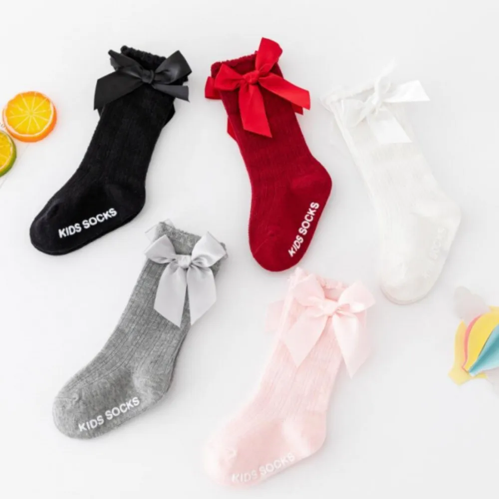 baby girls' legwarmer solid color striped long stockings newborn baby sock anti-slip long sock baby bow middle stockings