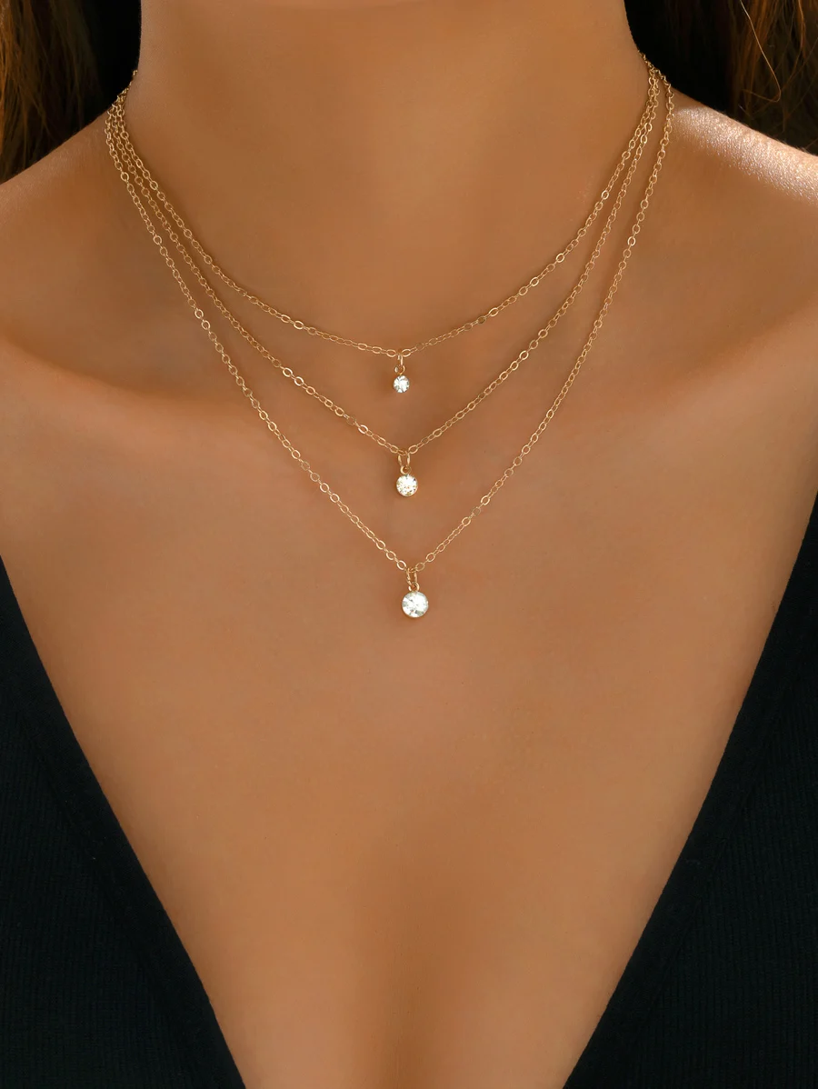 Simple Multi Layer Rhinestone Pendant Chain Necklace For Women