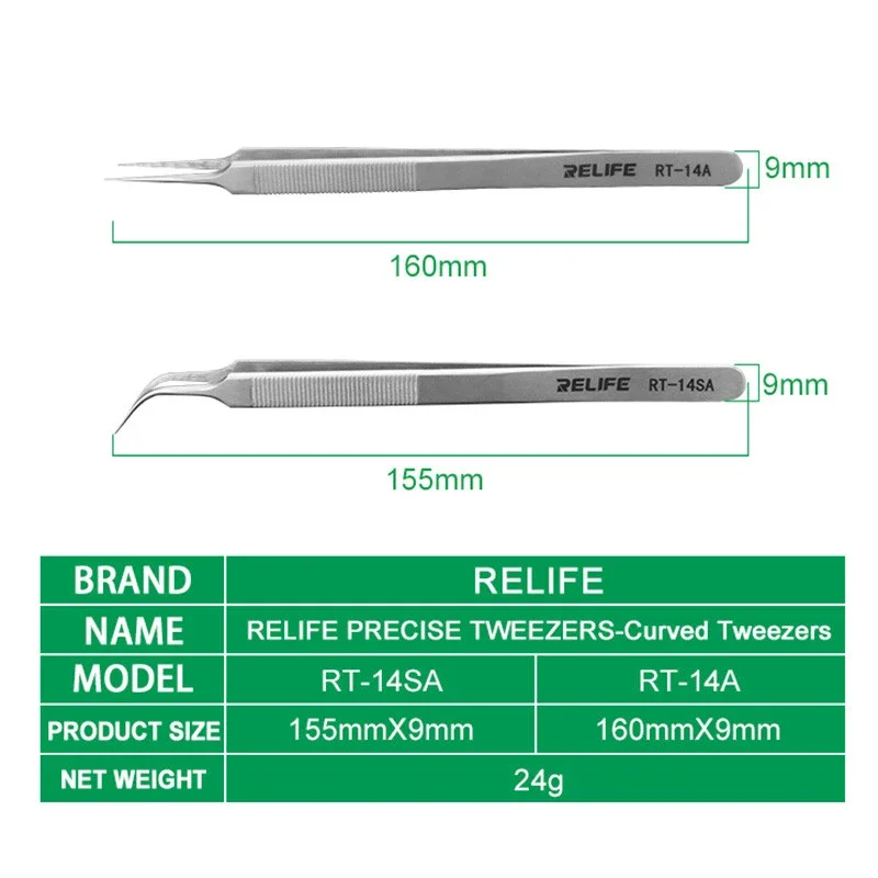 RELIFE Tweezers Curved Tips IC Chip Tin Placement Positioning Tweezers for Soldering BGA Circuit Board Micro-Repair Hand Tools